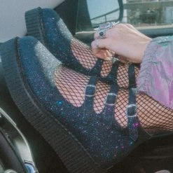 A3012L Women Black Glitter 3-Strap Pointed Mary Jane