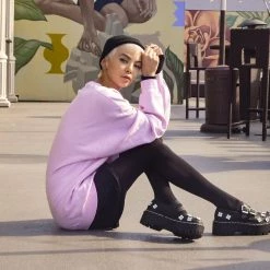 A3024L Women Black & White TUKskin™ Flower Double Decker Mary Jane