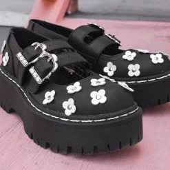 A3024L Women Black & White TUKskin™ Flower Double Decker Mary Jane