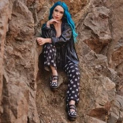 A3024L Women Black & White TUKskin™ Flower Double Decker Mary Jane