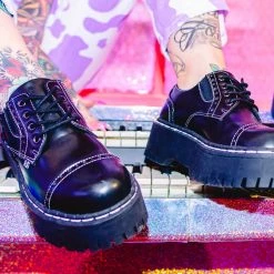 A3030L Women Black Burnished Contrast Stitch Double Decker Brogue