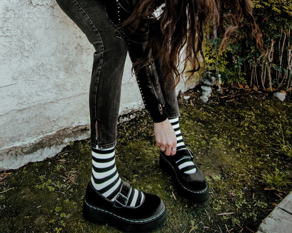 A3064L Women Black Velvet Double Decker Mary Jane