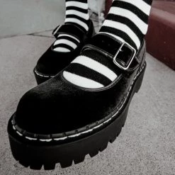 A3064L Women Black Velvet Double Decker Mary Jane