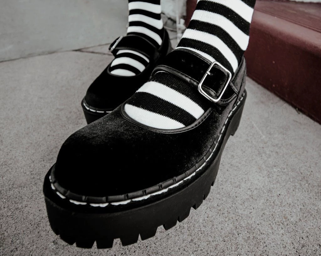 A3064L Women Black Velvet Double Decker Mary Jane