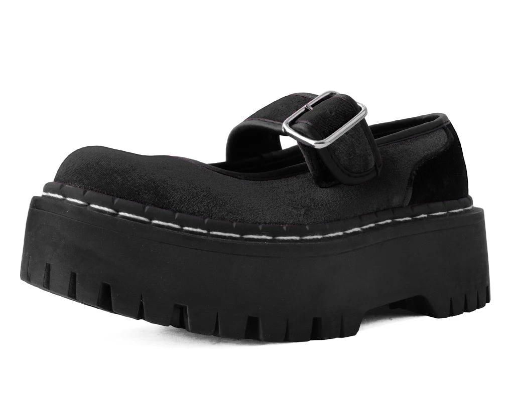 A3064L Women Black Velvet Double Decker Mary Jane