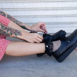 A8533 Women Black Leather Lace Up Pointed Creeper