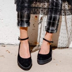 A9416L Black Pointed Ballet Ankle Strap Creeper