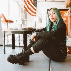 A9558 Women Black Faux Leather Dino Lug Sole Boot