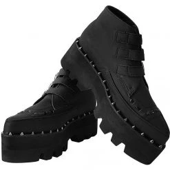 A9559 Women Black 3-Buckle Pointed Dino Lug Sole Boot