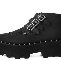 A9559 Women Black 3-Buckle Pointed Dino Lug Sole Boot