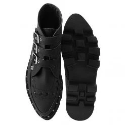 A9559 Women Black 3-Buckle Pointed Dino Lug Sole Boot