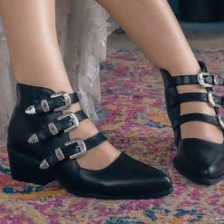 A9625L Black Western Buckle Block Heel