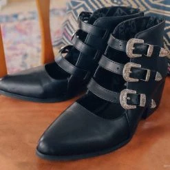 A9625L Black Western Buckle Block Heel