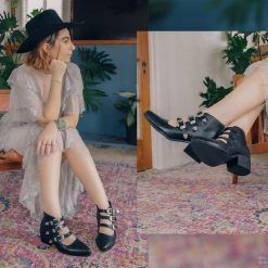 A9625L Black Western Buckle Block Heel