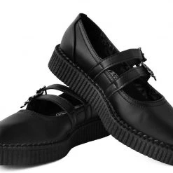 A9652L Black Skull Buckle Pointed Mary Jane Creeper