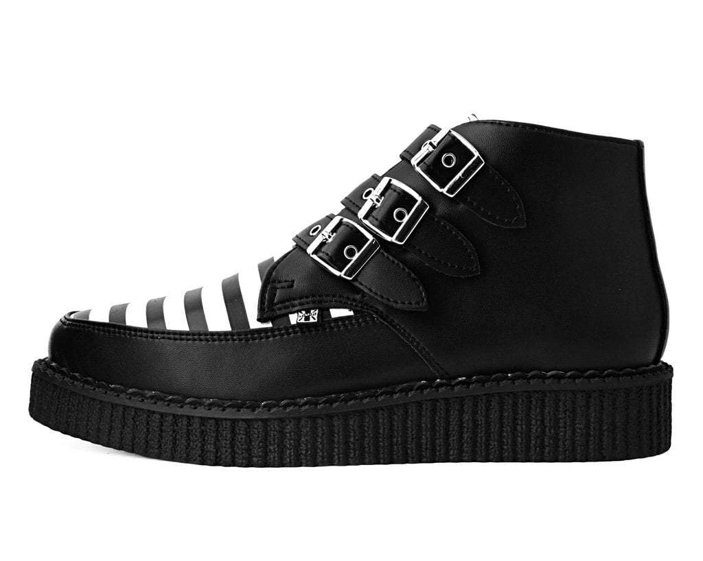 A9659 Women Black & White Stripe 3-Buckle Pointed Boot