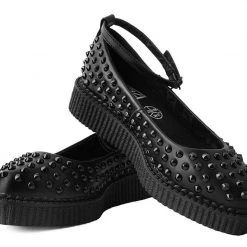A9666L Women Black Spiked Pointed Ballet Ankle Strap Creeper