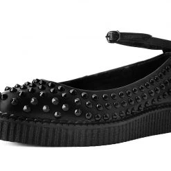 A9666L Women Black Spiked Pointed Ballet Ankle Strap Creeper