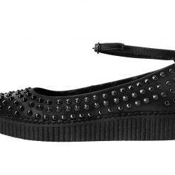 A9666L Women Black Spiked Pointed Ballet Ankle Strap Creeper