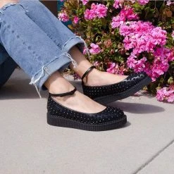 A9666L Women Black Spiked Pointed Ballet Ankle Strap Creeper