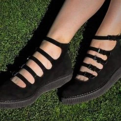 A9674L Black Faux Suede Multi-Strap Pointed Mary Jane Creeper Women