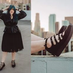 A9674L Black Faux Suede Multi-Strap Pointed Mary Jane Creeper Women