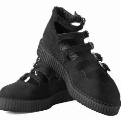 A9674L Black Faux Suede Multi-Strap Pointed Mary Jane Creeper Women