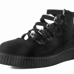 A9674L Black Faux Suede Multi-Strap Pointed Mary Jane Creeper Women