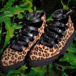 A9675L Leopard Faux Suede Multi-Strap Pointed Mary Jane Creeper