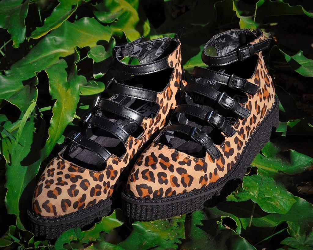 A9675L Leopard Faux Suede Multi-Strap Pointed Mary Jane Creeper
