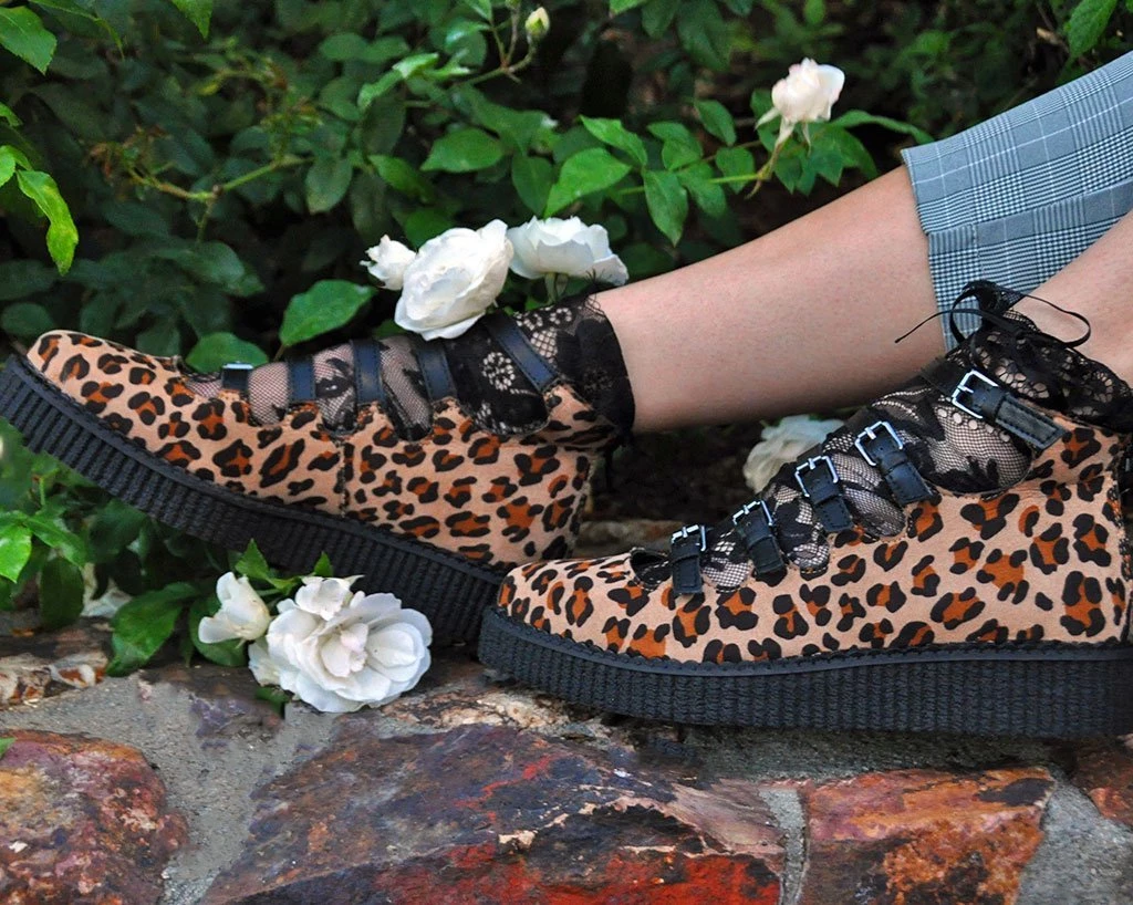 A9675L Leopard Faux Suede Multi-Strap Pointed Mary Jane Creeper