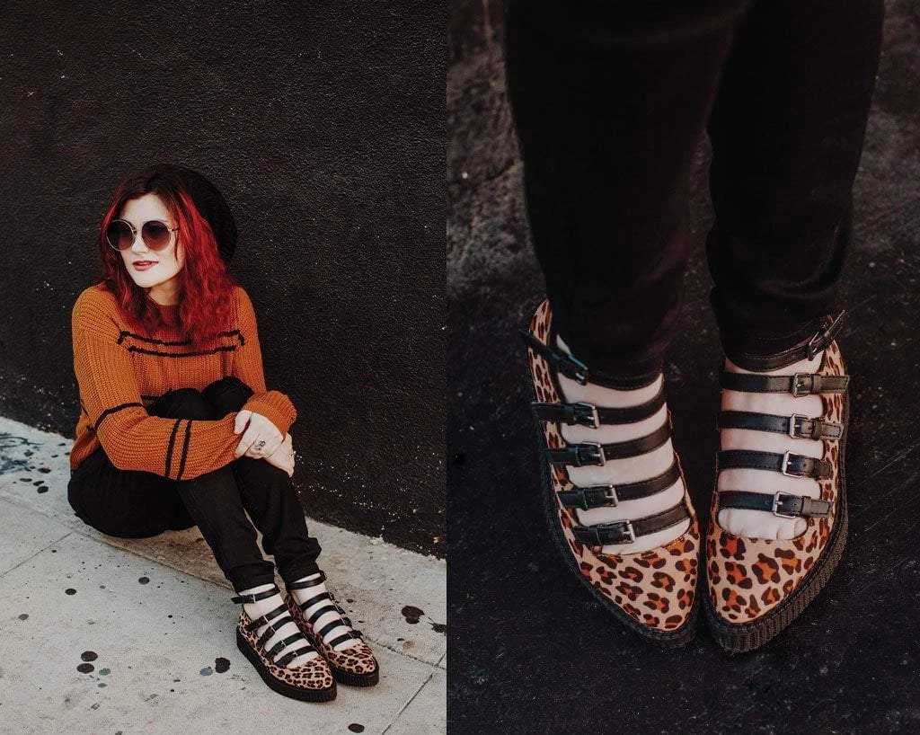 A9675L Leopard Faux Suede Multi-Strap Pointed Mary Jane Creeper