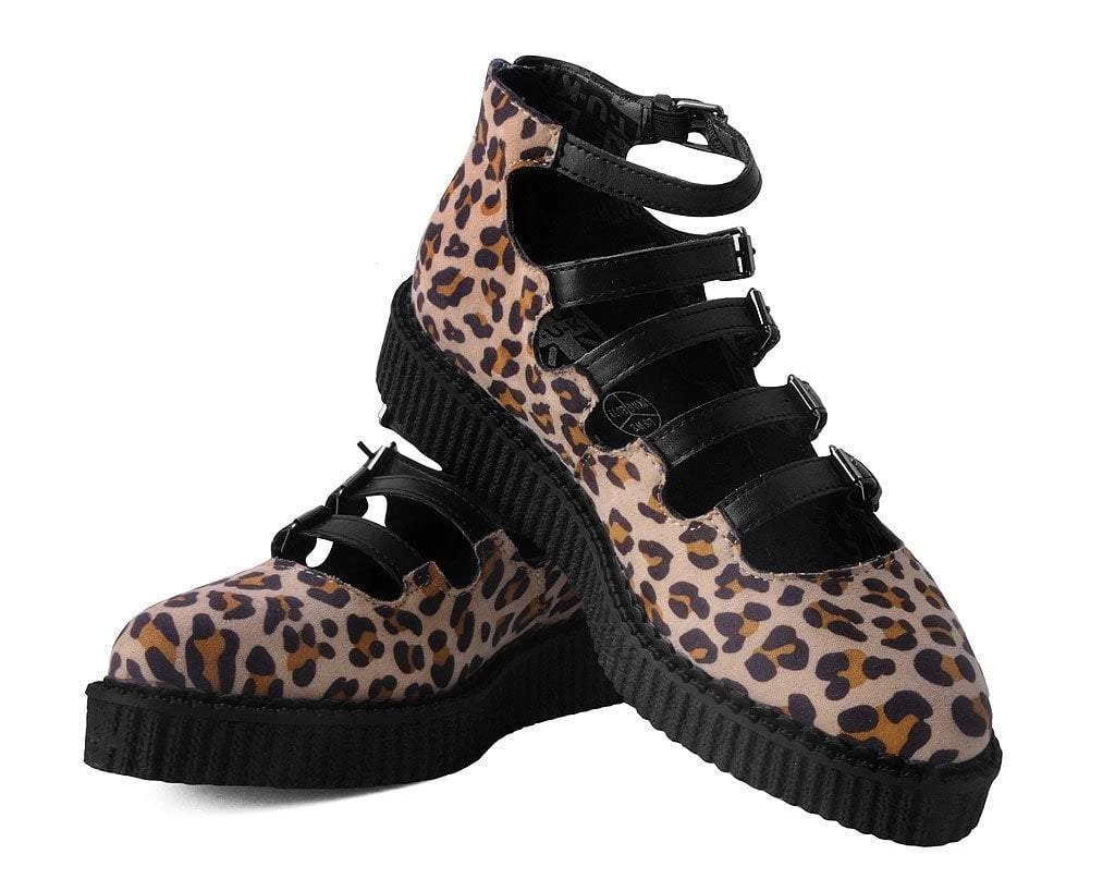 A9675L Leopard Faux Suede Multi-Strap Pointed Mary Jane Creeper