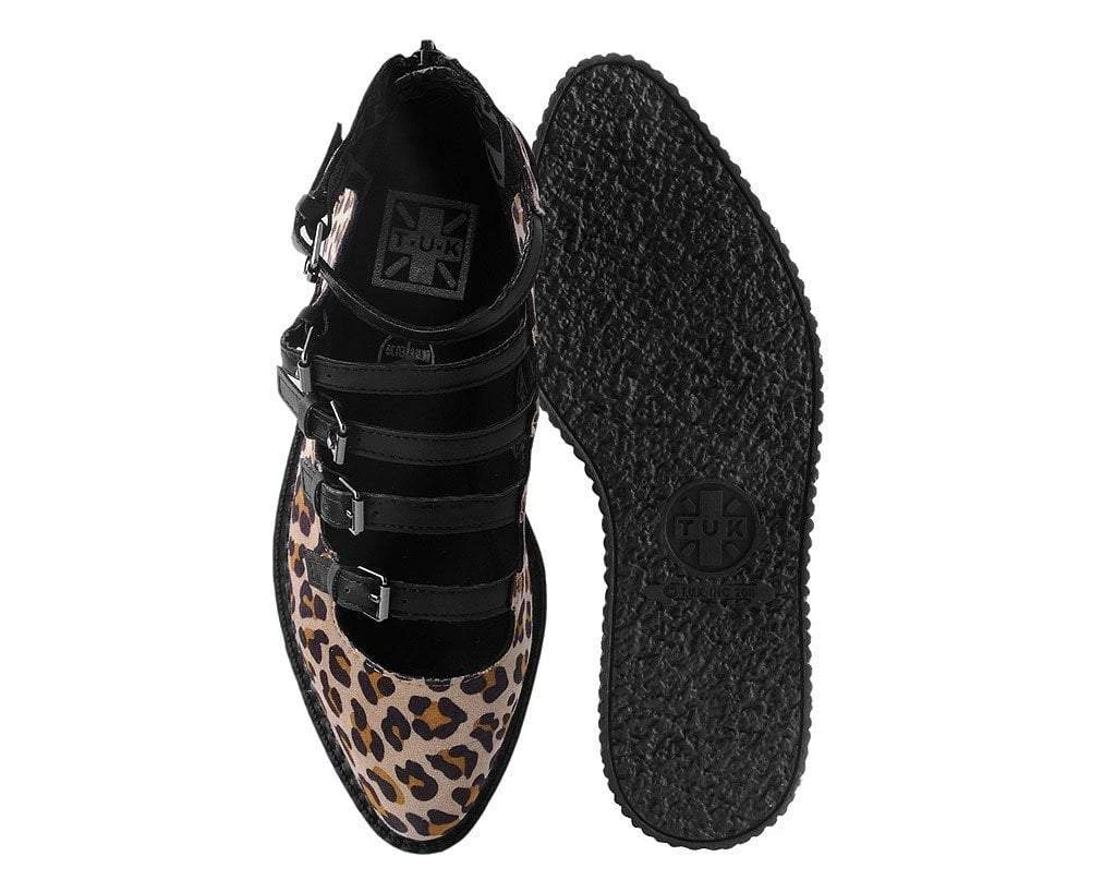 A9675L Leopard Faux Suede Multi-Strap Pointed Mary Jane Creeper