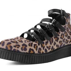 A9675L Leopard Faux Suede Multi-Strap Pointed Mary Jane Creeper