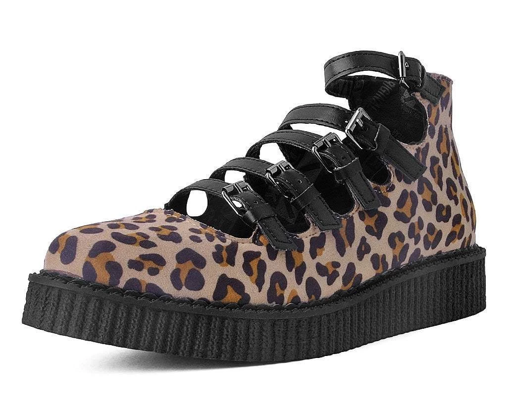 A9675L Leopard Faux Suede Multi-Strap Pointed Mary Jane Creeper
