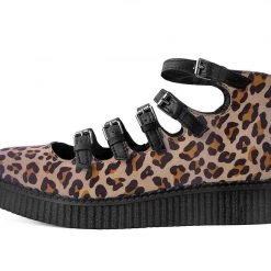 A9675L Leopard Faux Suede Multi-Strap Pointed Mary Jane Creeper
