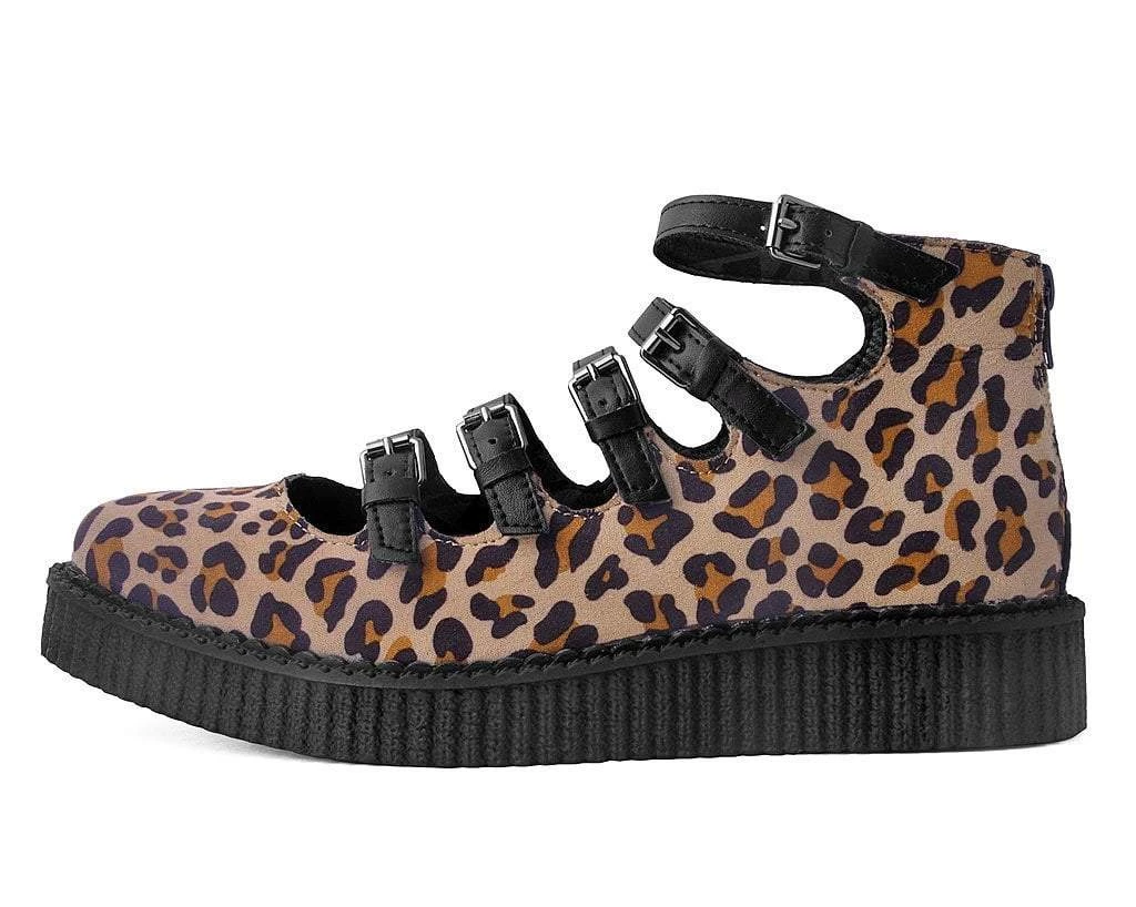 A9675L Leopard Faux Suede Multi-Strap Pointed Mary Jane Creeper
