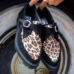 A9676 Black Suede Leopard Monk Buckle Pointed Creeper