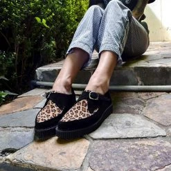 A9676 Black Suede Leopard Monk Buckle Pointed Creeper