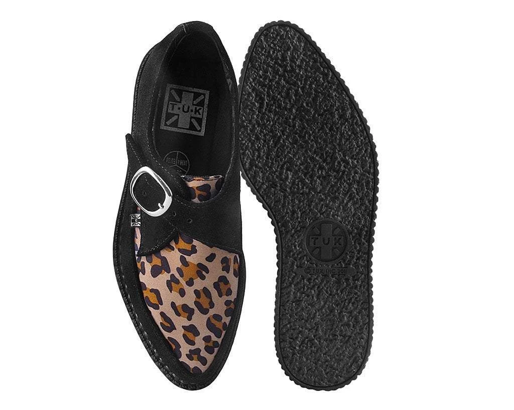 A9676 Black Suede Leopard Monk Buckle Pointed Creeper