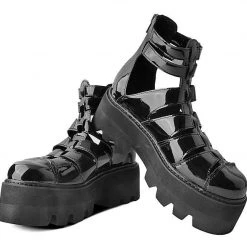 A9734 Black Patent Gladiator Dino Lug Sandal Women