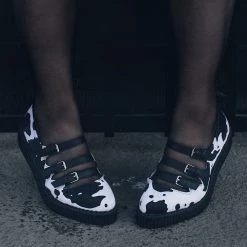 A9800L Black & White Cow Print 3-Strap Pointed Mary Jane
