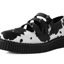 A9800L Black & White Cow Print 3-Strap Pointed Mary Jane