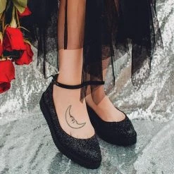 A9824L Women Black Glitter Pointed Mary Jane