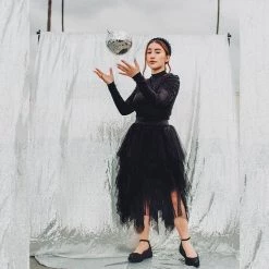 A9824L Women Black Glitter Pointed Mary Jane