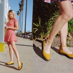 A9850L Women Mustard Faux Suede Pointed Ballet Ankle Strap Creeper