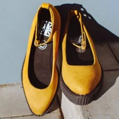 A9850L Women Mustard Faux Suede Pointed Ballet Ankle Strap Creeper