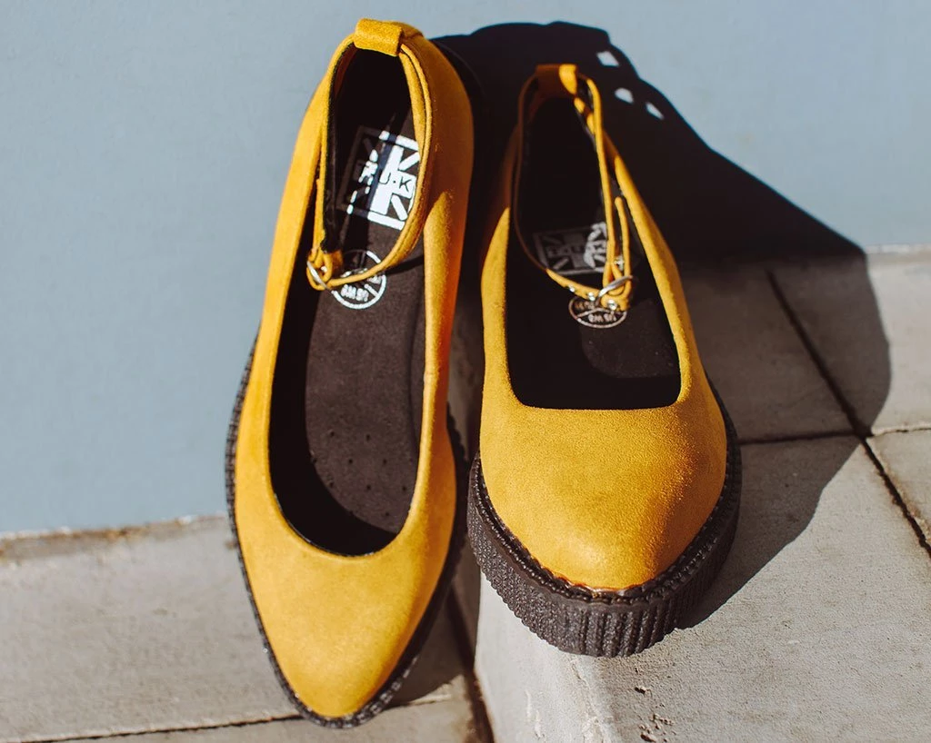 A9850L Women Mustard Faux Suede Pointed Ballet Ankle Strap Creeper