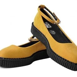 A9850L Women Mustard Faux Suede Pointed Ballet Ankle Strap Creeper